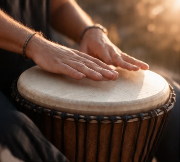 Hände spielen gemeinsam Rhythmus auf einer Djembe